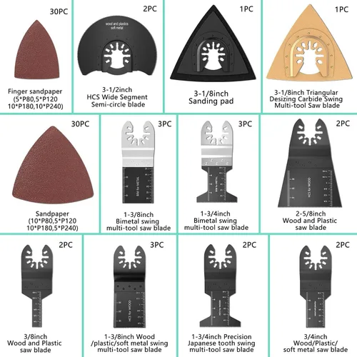 Miniatura 3 de 87 cuchillas oscilantes para herramientas, multiherramienta de liberación rápida de plástico de metal de madera, accesorios con papel de lija