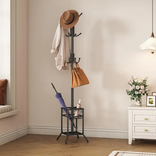 Miniatura 8 de ELYKEN Perchero Independiente, Perchero de Metal con Soporte para Paraguas, Árbol de Abrigos Moderno con 12 Ganchos, Perchero de Pie de Esquina