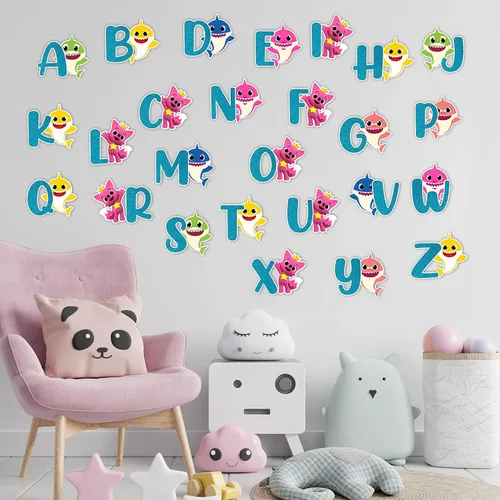 BBY Shrk A-Z - Adhesivo decorativo para pared, diseño colorido de caricaturas con letras con iconos del océano, suministros educativos divertidos
