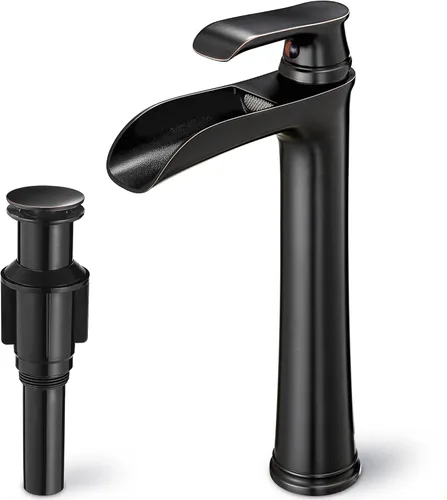 Miniatura 10 de Grifo de Lavabo de Baño Cascada, Grifo de Baño Alto de Latón Negro de Una Sola Manija para Lavabo, Grifos de Baño de Un Orificio Mezclador Grifo