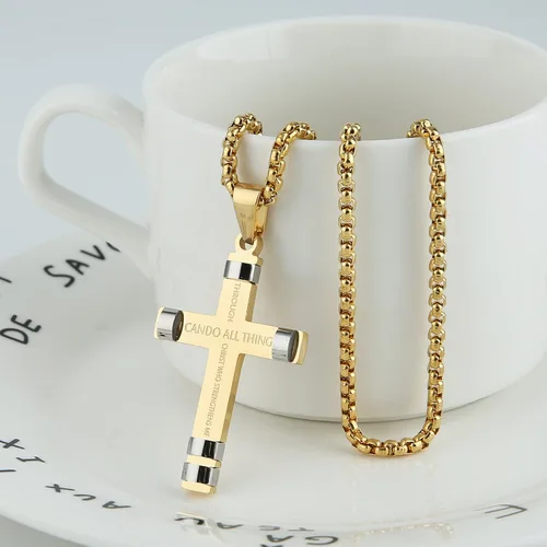 Miniatura 18 de HZMAN - Collar de acero inoxidable con colgante de cruz de fuerza, 3 colores disponibles, texto bíblico en inglés Filipenses 4:13