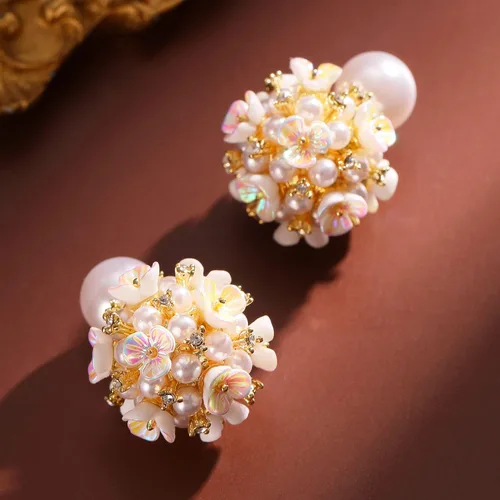 Miniatura 7 de Aretes de bola de flor de perlas, aretes de bola blanca para mujeres y niñas, Zinc, Perla