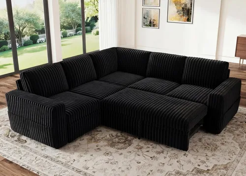 Miniatura 10 de HONBAY - Sofá seccional modular con cama desplegable, sofá en forma de L de pana con almacenamiento, sofás seccionales para sala de estar, verde