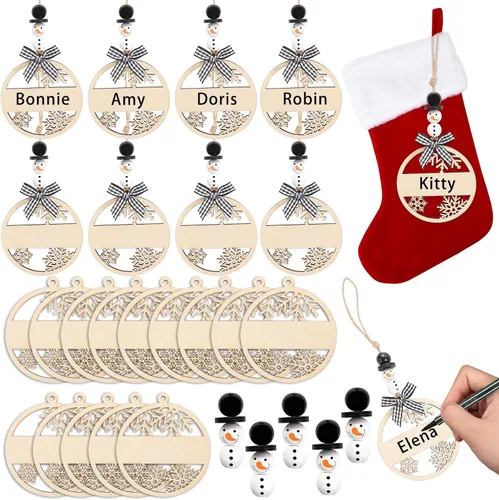 Vellibring 18 piezas etiquetas de nombre de Navidad con cuentas de madera de copo de nieve y muñeco de nieve, lazos a cuadros de búfalo etiquetas