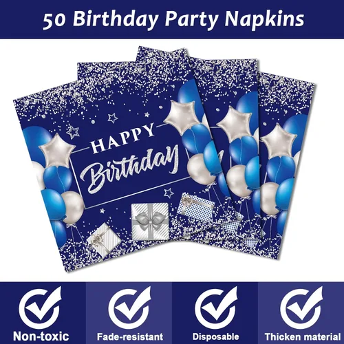 Miniatura 4 de 96 piezas de suministros para fiesta de cumpleaños número 50: platos azul marino y plateado, servilletas, tenedores y decoraciones de mesa para 24