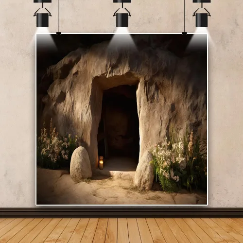 Miniatura 12 de Fondo de fotografía de tumba vacía de 6 x 4 pies, puesta de sol con luz sagrada, tres cruces en la montaña, Jesucristo, agujero de piedra, telón