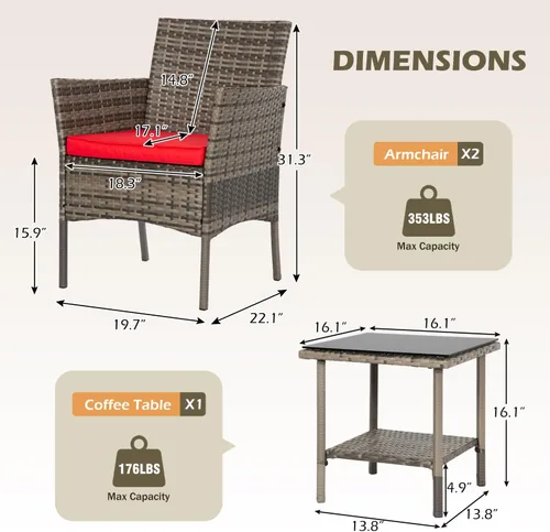 Miniatura 3 de FDW Juego de muebles de exterior de 3 piezas para patio, sillas de mimbre gris, juego de conversación de bistró, 2 sillas de ratán con cojines rojos