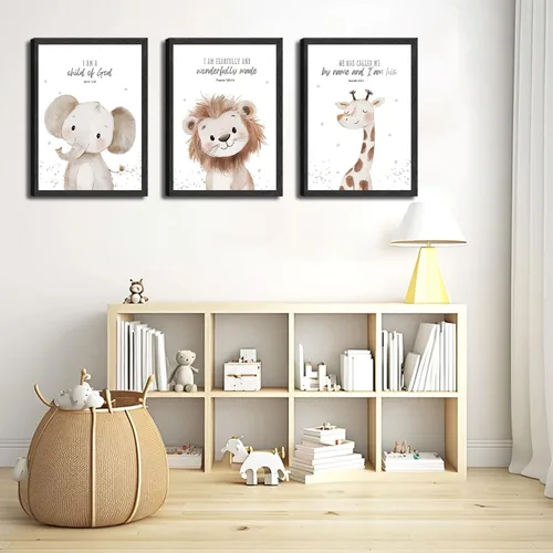 Miniatura 6 de Arte de pared enmarcado para guardería con versículo bíblico de animales en lienzo, arte de pared divertido y lindo de animales de safari, pintura