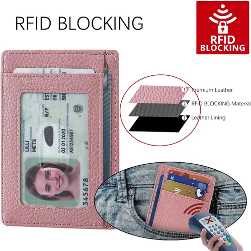 Miniatura 42 de Travelambo billetera mediana y minimalista de cuero para bolsillo frontal, con bloqueo de interferencia de radiofrecuencia