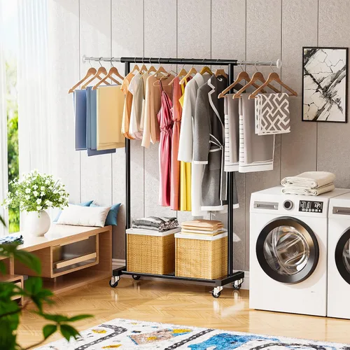 Miniatura 2 de Perchero de ropa estándar, 50 pulgadas de largo, con estantes de malla sobre ruedas, estante de armario portátil ajustable para dormitorio, cuarto