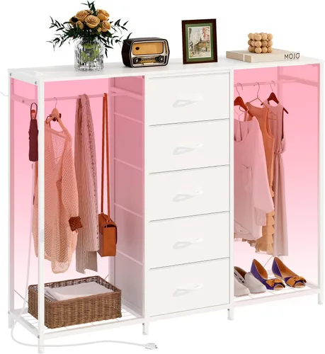 Miniatura 10 de Espelism Cómoda para dormitorio con perchero, cómoda de 5 cajones con estación de carga, luces LED, cómoda blanca, estante flexible y espacio