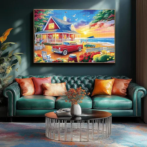Miniatura 7 de Rompecabezas de 1000 piezas para adultos – Casa costera con camión rojo, rompecabezas vintage de casa de playa escénica de 1000 piezas, regalo