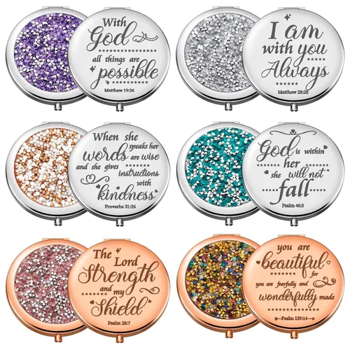 Miniatura 10 de Thyle 12 piezas de espejo compacto a granel, espejo de bolsillo cristiano para confirmación católica VBS para mujeres, versículo bíblico, cartera