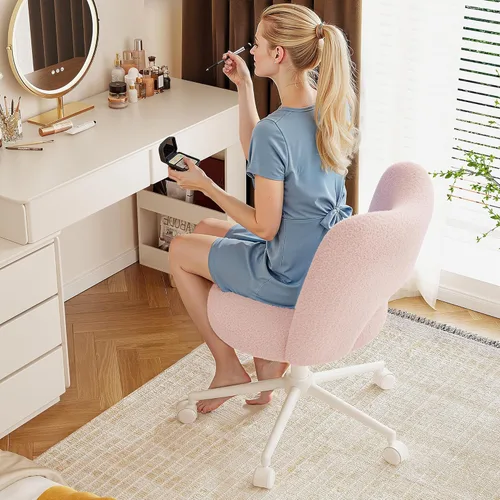 Miniatura 6 de DurayLoly Silla de Tocador con Ruedas Rosa, Linda Silla de Tocador con Respaldo, Silla de Escritorio Ultra-Suave de Felpa, Silla de Oficina Pequeña