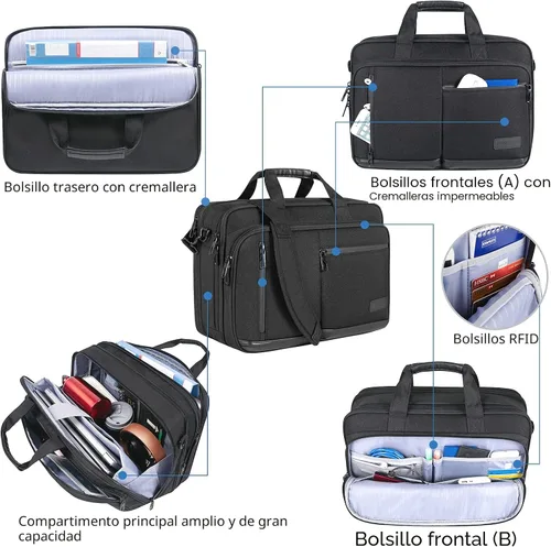Miniatura 6 de VANKEAN Maletín para laptop para hombres y mujeres, bolsa para laptop de 17.3 pulgadas, bolsa mensajero repelente al agua y expandible con correa