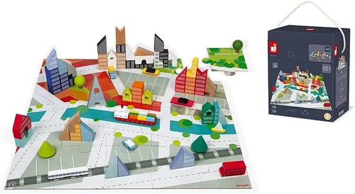 Miniatura 8 de Janod - 60 bloques Kubix de madera + rompecabezas de ciudad de cartón - 3 años + J08304