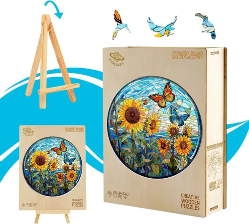 Miniatura 7 de Rompecabezas de madera para adultos, rompecabezas de madera de girasol de cristal, rompecabezas de madera de forma única para adultos, rompecabezas