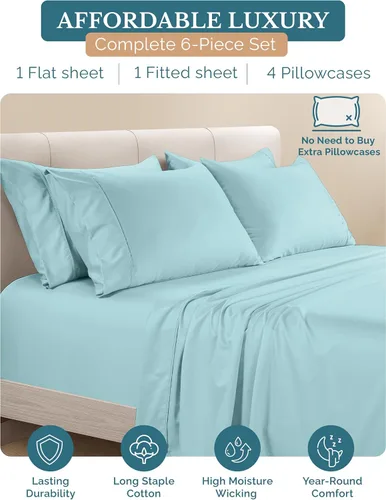 Miniatura 3 de Casa Platino Sábanas tamaño King de 500 hilos, satén suave, 100% algodón, sábanas de 6 piezas con sábana encimera, sábana bajera ajustable y fundas