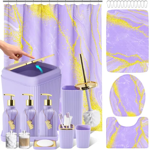 Miniatura 11 de 21PCS Bathroom Sets with Shower Curtain and Rugs Bathroom Accessories Set Beige Bathroom Set Complete with Trash Can, Toilet Brush, Qtip Holder &