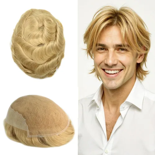 Toupee para hombres Sistema de reemplazo de cabello humano real, pieza de pelo de encaje suizo suave para hombres, sistema de pelo de tupé, protesis