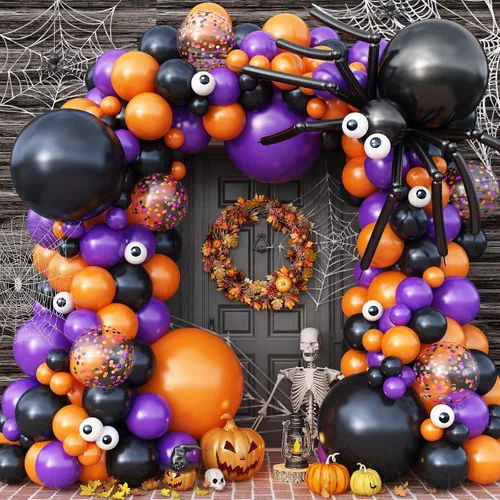 Miniatura 21 de Kit de arco de guirnalda de globos de Halloween, 116 piezas de arco de globos naranja y negro blanco, globos de papel de aluminio con estrella
