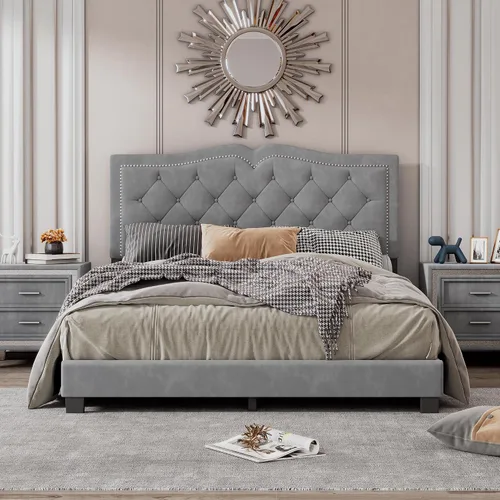 Miniatura 8 de Marco de cama de terciopelo tamaño Queen, cabecera capitonada con alas de canal vertical, cama con plataforma tapizada, listones de madera fuertes