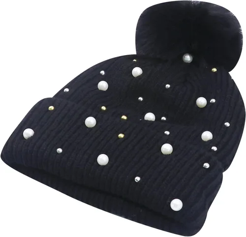 Miniatura 4 de Gorro de invierno holgado para mujer con bola de piel, gorro de perlas con perlas de otoño, gorro cálido y grueso, gorro de esquí con calavera