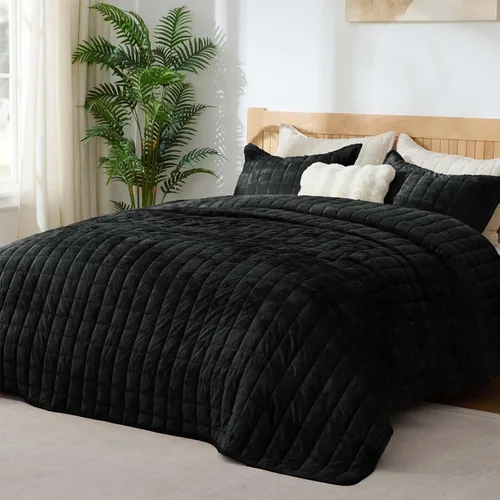 Miniatura 2 de BEDELITE Juego de edredón de terciopelo tamaño Queen – Juego de ropa de cama de terciopelo de lujo de 3 piezas, suave y acogedor color negro, colcha