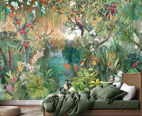 Miniatura 9 de Papel tapiz de hojas de plátano verde, papel tapiz de monsteras botánicas de selva tropical para sala de estar y dormitorio (no autoadhesivo)