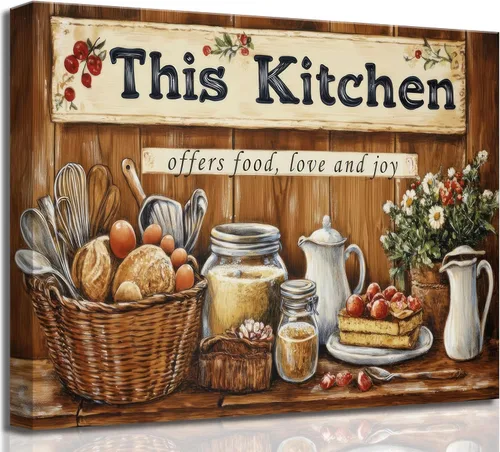 Lienzo decorativo para pared, diseño de casa de campo, cocina, comida y bodegón, estilo vintage, rústico, esta cocina ofrece comida, amor y alegría,