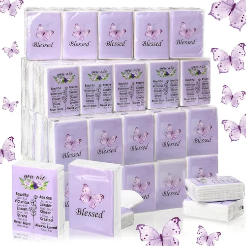Miniatura 9 de Harloon 100 paquetes de pañuelos faciales cristianos de mariposa púrpura en tamaño de billetera de bolsillo, pañuelos de viaje de 3 capas