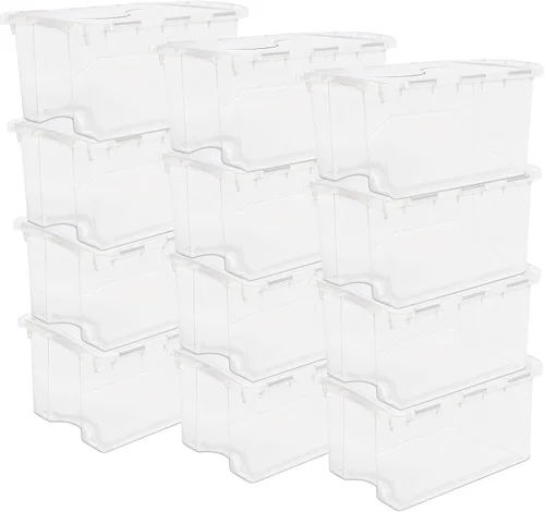 Sterilite Paquete de 12 cajas de almacenamiento con tapa con bisagras, contenedores organizadores apilables, 4 cuartos de galón, transparente