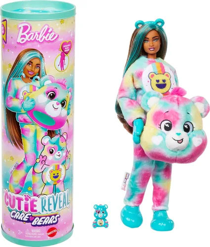 Barbie Cutie Reveal Care Bears - Muñeca y accesorios, serie 2 Good Vibes Bear con 10 sorpresas, incluyendo cambio de color y mini oso