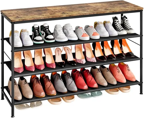 Miniatura 7 de INGIORDAR Organizador de zapatero de 4 niveles, estante organizador de metal con tablero MDF industrial y tela en capas para entrada, armario, Negro