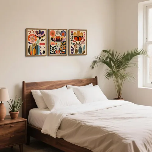 Miniatura 9 de Juego de 3 pinturas artísticas abstractas de flores escandinavas enmarcadas para decoración de pared, arte botánico moderno de mediados de siglo