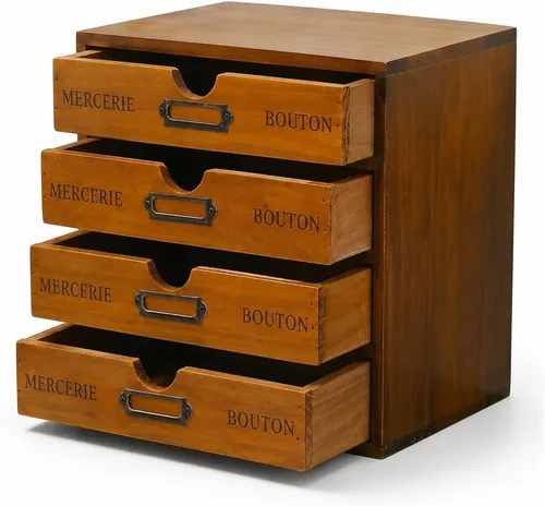 Organizador de Escritorio Apilable de Boticario con 4 Cajones - Caja de Almacenamiento de Madera Estilo Catálogo de Tarjetas de Biblioteca Vintage -