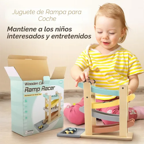 Miniatura 4 de Joyreal Montessori - Juguetes para niños de 1 a 2 años – 4 niveles de madera de juguete de carreras de coches con 4 mini autos y garajes – Regalos