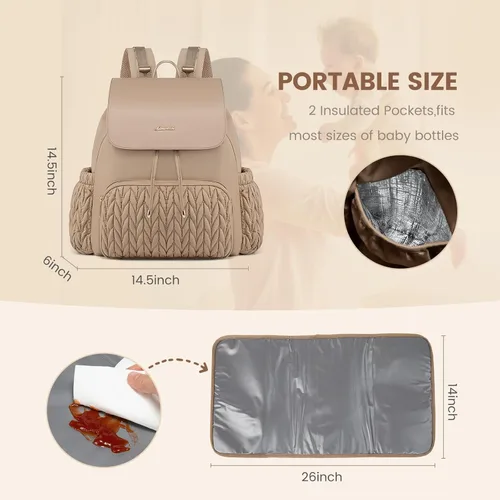 Miniatura 5 de LOVEVOOK Mochila para pañales, bolsa de bebé pequeña, bonita bolsa de pañales para bebé, elegante bolsa de viaje resistente al agua para mamá, Caqui