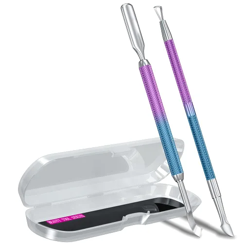 2 piezas de empujador y raspador de cutículas de metal (sirena azul y púrpura), cortador de uñas, herramienta raspadora de gel de acero inoxidable,