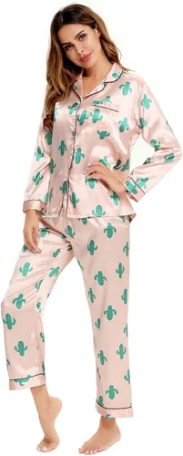 Miniatura 4 de SWOMOG - Conjunto de pijama de dos piezas, de satén de seda con botones, para mujer