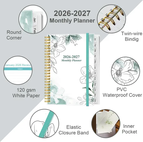 Miniatura 2 de Agenda mensual de 18 meses, julio 2026 a diciembre 2026, dos páginas por mes, agenda de 6.4 x 8.5 pulgadas con pestañas, encuadernación fuerte