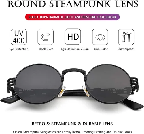Miniatura 5 de AIEYEZO Gafas de sol redondas steampunk Circle Lennon Hippie, marco de metal, lente de bloqueo UV 100%