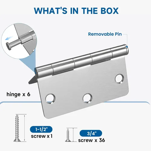 Miniatura 3 de HOSOM Paquete de 6 bisagras de puerta de níquel satinado de 3.5 pulgadas, bisagras de puerta interior resistentes con radio de 1/4 pulgada, bisagras