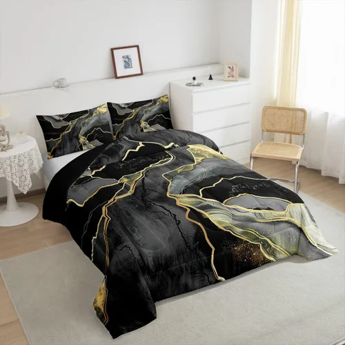 Miniatura 5 de Juego de edredón de lujo negro y gris, juego de ropa de cama con lentejuelas doradas y mármol, relleno de edredón con textura abstracta de mármol