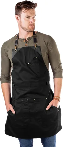 Miniatura 4 de Under NY Sky Delantal de barista, correas de cuero negro y refuerzo, bolsillos remachados, doble costura, lazo de anillo de cuero, sarga negra