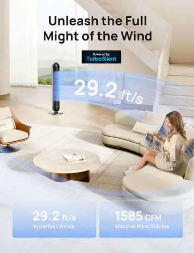Miniatura 5 de DREO Combo de ventilador de torre y calentador, ventiladores de pie de 29.2 pies/s para dormitorio, 17 niveles, 6 modos, oscilación de 120°, 42
