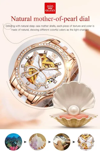 Miniatura 6 de OLEVS Relojes automáticos de oro rosa para mujer diseño de esqueleto mecánico de cuerda automática elegante vestido de lujo para mujer con diamantes