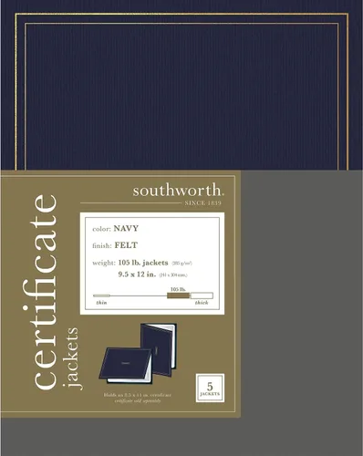 Southworth Certificate Jacket, lámina dorada mejorada, 9.5 x 12 pulgadas, 105 libras, acabado de fieltro azul marino, 5 unidades (PF6), Azul