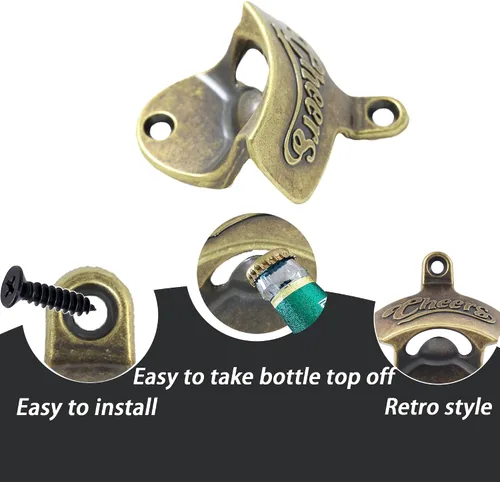 Miniatura 2 de Abridor de tapa de botella de bronce antiguo Montaje en pared Abridor de cerveza Saludos inoxidable Abrebotellas Montable (3 piezas)