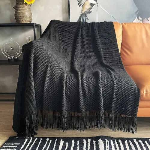LOMAO - Manta de punto con borlas, manta suave texturizada de burbujas, mantas ligeras para cubrir sofá o para decoración del hogar, color negro, 50